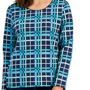 NEW Karen Scott  Top Scoop Neck Long Sleeve Pullover green/blue Plaid Size S